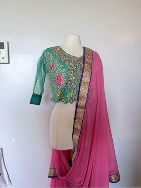 Pink and Teal Embroidered Women Saree with Decorative Blouse